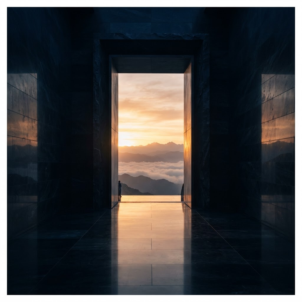 An open doorway revealing a sunrise over mountains