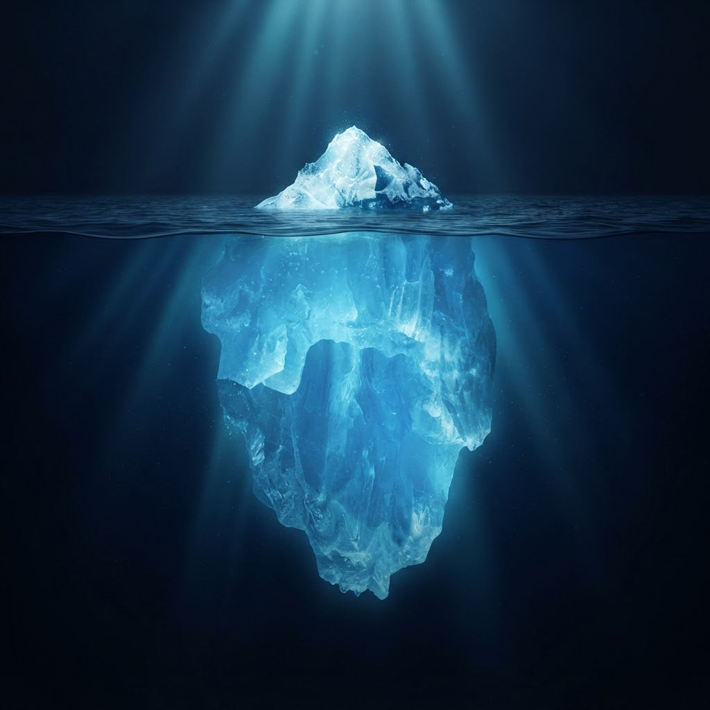 An iceberg with a small tip above water and a much larger glowing mass below the surface